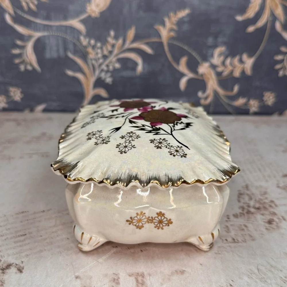 Vintage Japanese Hand-Painted Porcelain Trinket Box Floral Iridescent